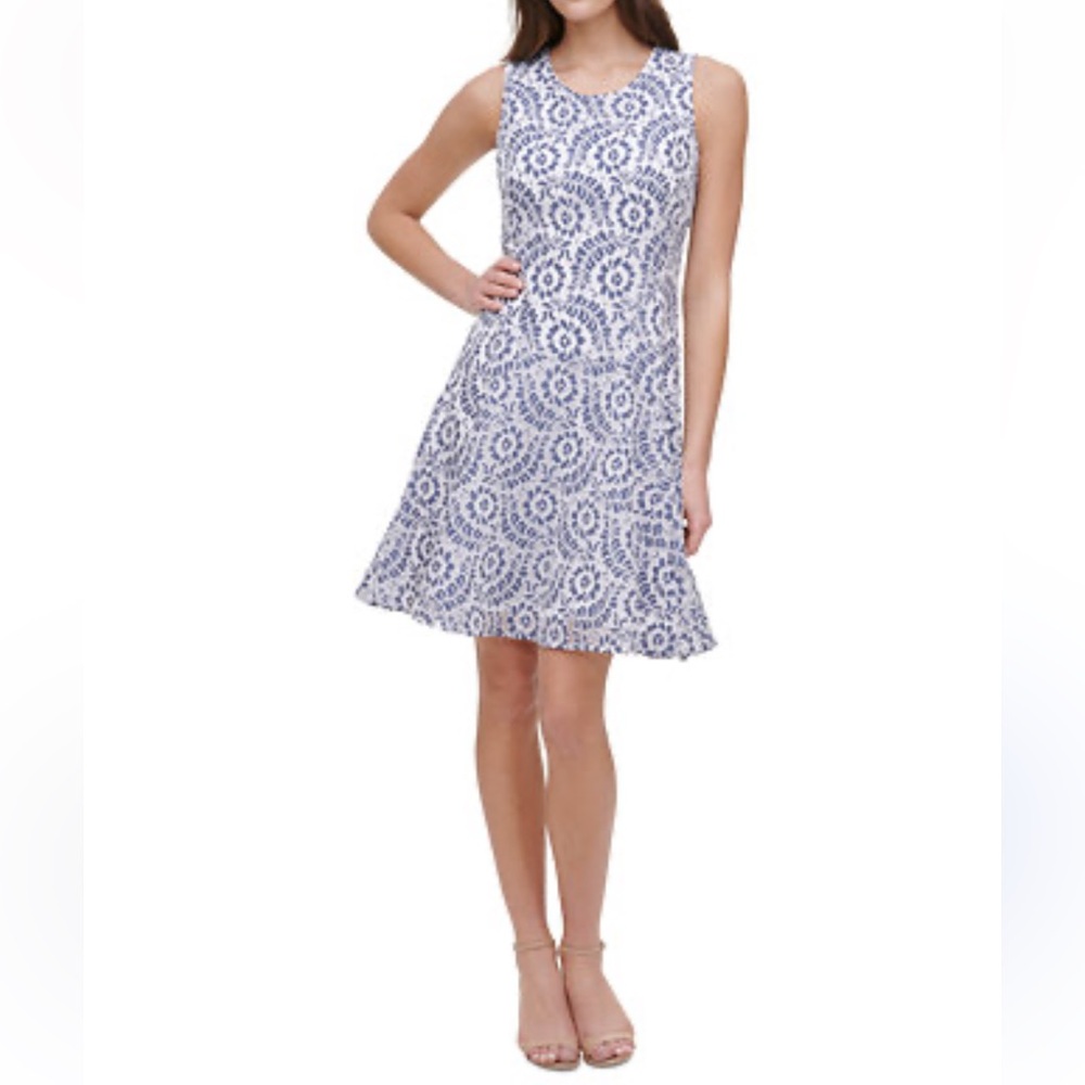 Tommy Hilfiger- Elegant Blue and White Lace Sleeveless Dress - Size 16W